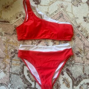 NWOT Red and White One-Shoulder Bikini Set